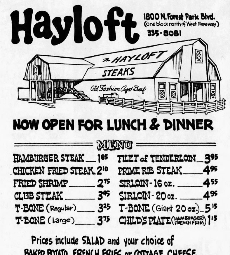 A Hayloft dinner menu from the 1960's.